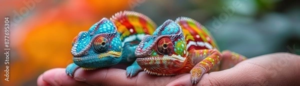 Fototapeta Cute 3D Blender canaries wearing tiny collars, interacting on a vibrant birdhouse, perspective shot, colorful background