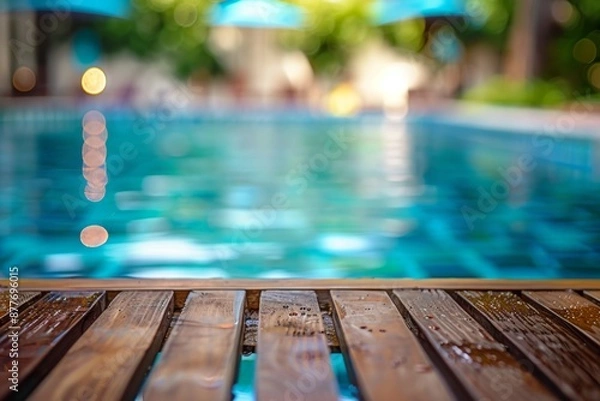 Fototapeta Tabletop with a serene swimming pool in the beautifully blurred background for a tranquil setting