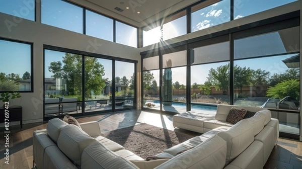 Obraz Contemporary suburban home with floor-to-ceiling, polarized windows that automatically tint based on sunlight intensity