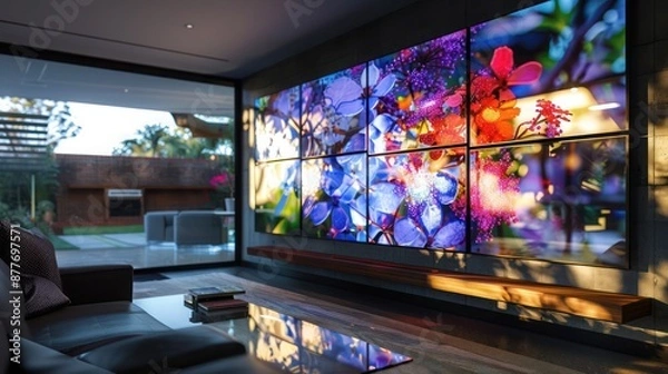 Fototapeta Contemporary suburban home with a feature wall that displays an interactive digital art installation