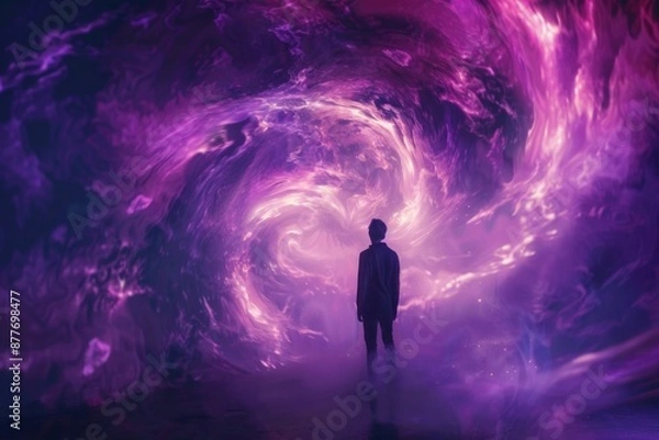 Fototapeta A man stands in front of a vibrant purple and black swirling design