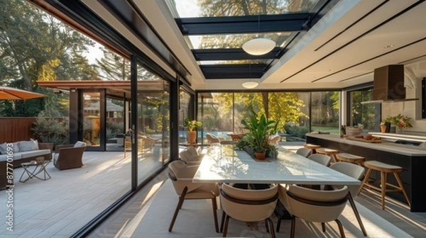 Obraz Mid-century modern suburban dining room with an automated, retractable roof that opens to the sky for al fresco dining under the stars