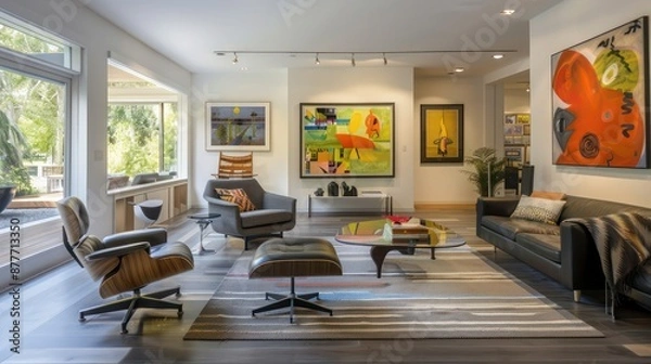 Obraz Mid-century modern suburban home with a dedicated art gallery space that showcases a collection of modern art