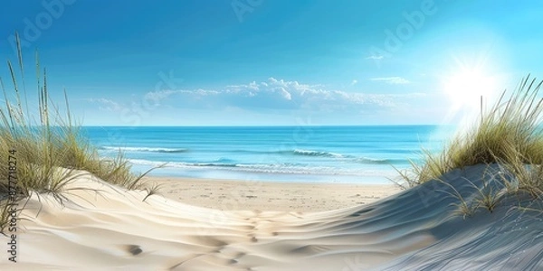 Fototapeta 🏖️ Clear sky, white sandy beach, and blue grass beside create a serene coastal paradise. Perfect spot for relaxation and nature lovers! 🌞🌊
