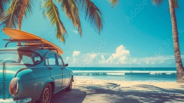 Fototapeta A vintage blue car carries a surfboard on its roof, parked by a tropical beach lined with palm trees, under a bright blue sky with fluffy clouds, depicting a serene getaway.