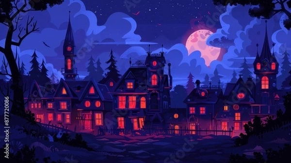Fototapeta A dark and eerie scene of a town at night with a full moon in the sky