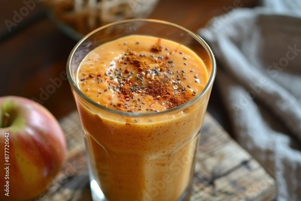 Fototapeta Glass of pumpkin smoothie is sitting on a wooden board, topped with chia seeds and cinnamon
