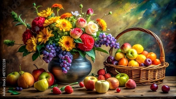 Fototapeta A Tapestry of Texture and Color: A Detailed Oil Painting of a Still Life Arrangement of Fresh Fruit and Flowers Generative AI Neural art