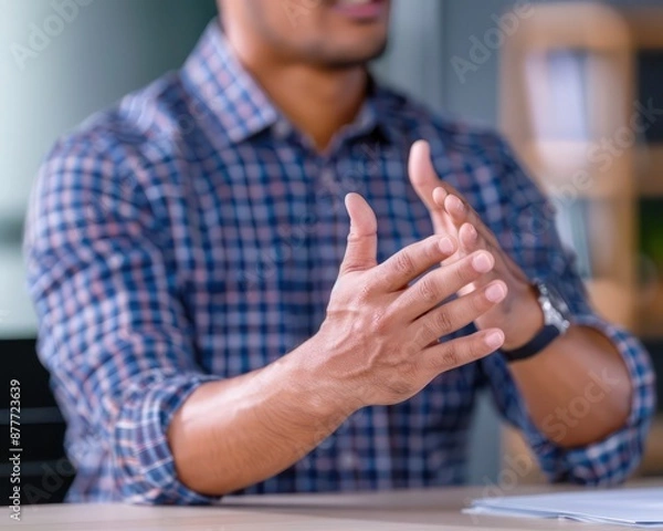 Fototapeta Powerful Communication Businessman Delivering a Confident and Impactful Statement in a Meeting, Emphasizing Key Points with Hand Gestures, Professional Presentation Skills, Leadership, Effective