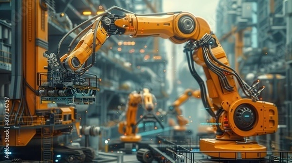 Fototapeta A robot is lifting a piece of machinery in a factory