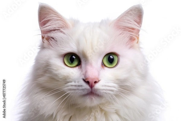 Fototapeta Adorable white feline with bright green eyes and fluffy whiskers gazes directly at the camera with an inquisitive and playful expression, isolated on white background.