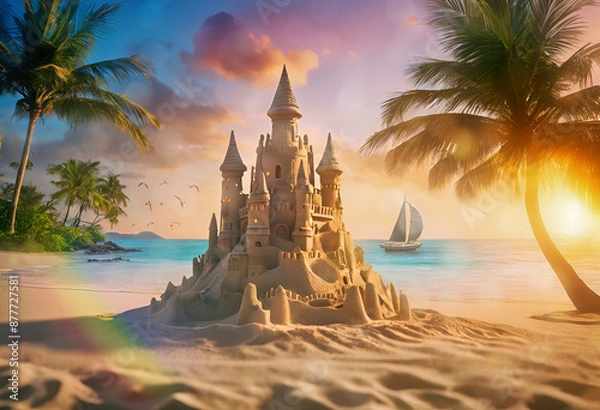 Obraz Elaborate sandcastle on a dreamy sunset beach with palm trees, sailboat, rainbow, and bokeh effects