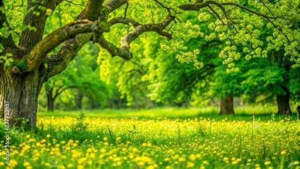 Fototapeta beautiful idyllic landscape panorama backgrond, yellow flower meadow and old trees in a spring park landscape, branch with green leaves in foreground
