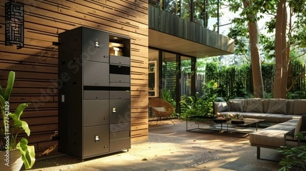 Fototapeta A modern package delivery system mounted on the wall of a patio with a couch and coffee table in the background.