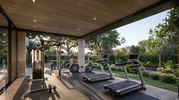 Obraz Suburban contemporary home with a covered outdoor gym area featuring modern equipment and views of the garden