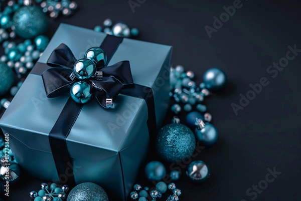 Fototapeta Refined dark gift boxes with blue ribbons and decorative elements, creating an elegant copyspace backdrop