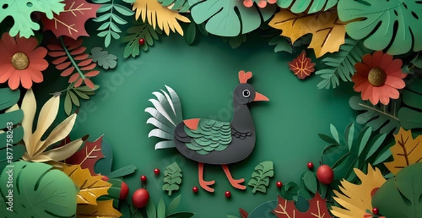 Obraz A colorful paper collage of a bird with a gold leaf on its head