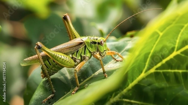 Fototapeta Green Grasshopper on a Leaf in a Garden