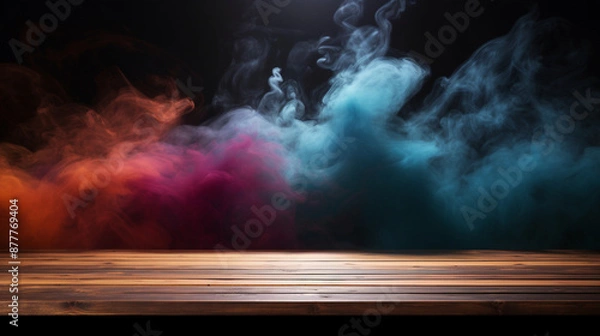 Fototapeta colorful smokes rises from a wooden floor against a black background