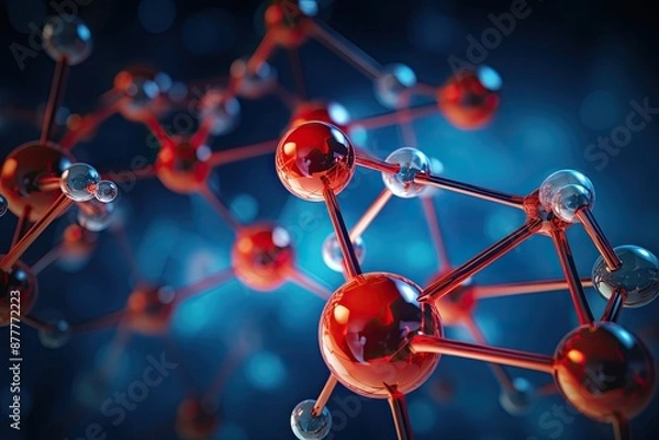 Fototapeta a red and black molecule with a blue background, molecular structure background highlighting chemical bonds