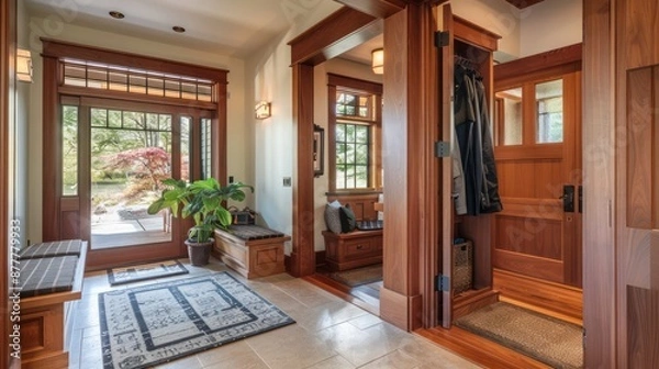 Fototapeta Craftsman-style foyer with a custom wooden hall tree that includes seating and storage for outdoor wear