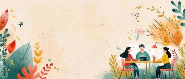 Fototapeta Vector illustration of friends having a meal together with autumn-themed foliage, offering a warm and inviting atmosphere.