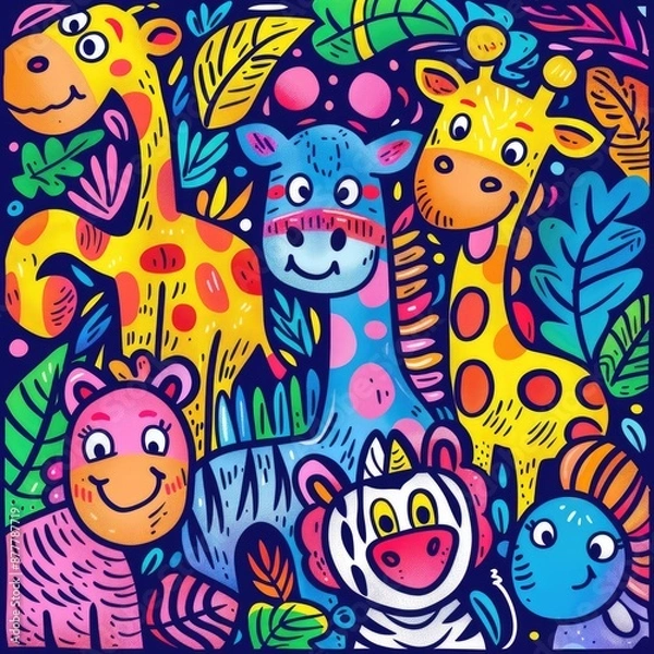 Fototapeta Playful Safari Animals Doodle in Vibrant Hand-Drawn Style - Giraffes, Zebras, Elephants - Charming and Adorable Illustration, Generative Ai