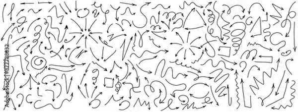 Fototapeta Arrows 2d line doodle vector icons set on white background. Different directions pointers hand drawn monochrome illustration collection