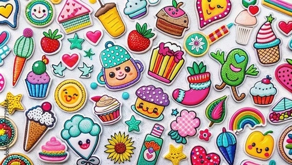 Fototapeta Colorful set of fashion patches, cartoon badges, and stickers featuring desserts, positive thinking words, and motivational phrases on a bright white background.