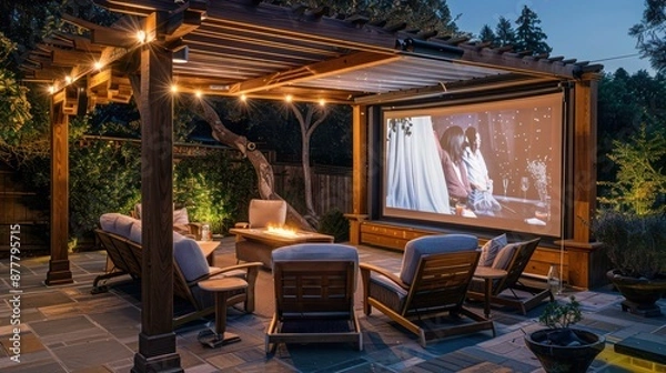 Obraz wooden Craftsman-style outdoor projector screen frame, designed for movie nights under the stars, featuring a retractable screen and weather-resistant materials