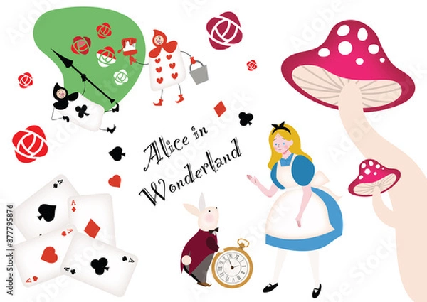 Fototapeta 可愛い不思議の国のアリスのトランプの兵隊　ウサギと懐中時計　キノコ　バラ　アリスの挿絵イラストセット