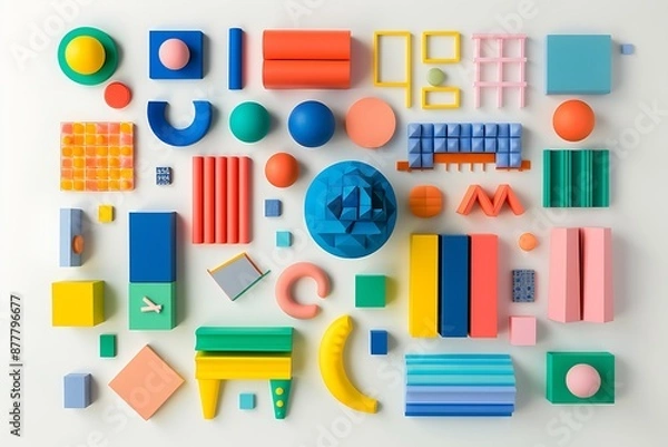 Fototapeta Colorful geometric shapes arranged on white background.
