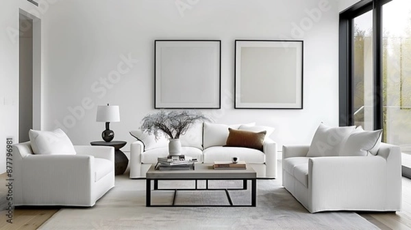 Fototapeta Illustrate a tranquil living space featuring ink artworks, books, and minimalist decor accents copy space for text, focus cover all adject, deep dept of field, nodust