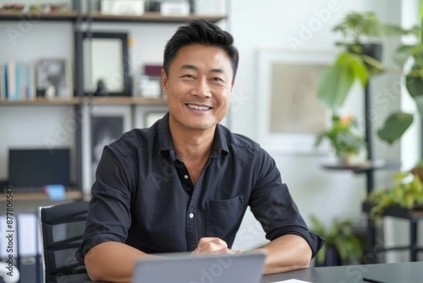 Obraz Portrait of confident smiling Asian man sitting at desk