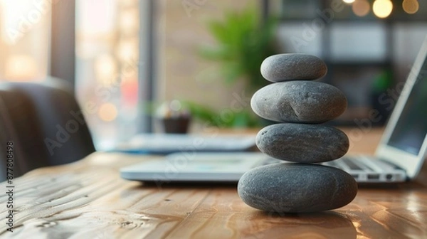 Obraz Zen stones on the desk with laptop in office