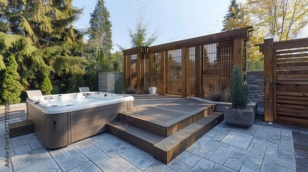 Obraz handcrafted wooden Craftsman-style outdoor spa area with a luxury hot tub and privacy screens, providing a serene escape