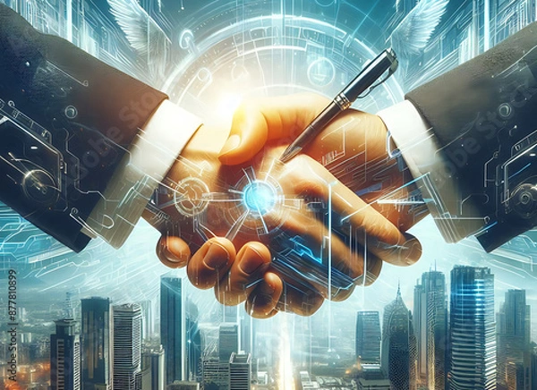 Obraz Two diverse professional business leaders shaking hands in office meeting, front view effect