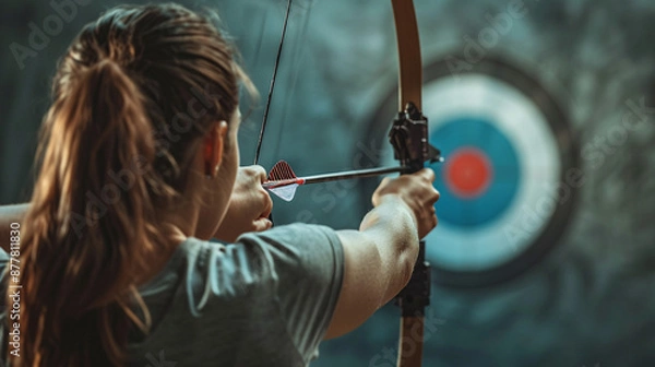 Fototapeta Backview of the archer throwing an arrow towards the target bullseye, showcasing the precision of Olympics Paris, Olympics London, and Paralympics archery events.
