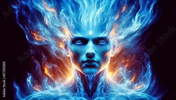Fototapeta A man's face is shown in a blue and orange color scheme. The blue and orange colors are used to create a sense of energy and excitement. The man's face is surrounded by flames