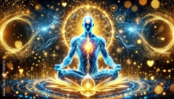 Fototapeta A man is sitting in a lotus position in the center of a colorful, swirling background. The background is filled with bright colors and shapes, creating a sense of movement and energy