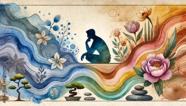 Fototapeta A man is sitting on a rock in front of a colorful waterfall. The waterfall is made up of different colors and has a lot of flowers and plants surrounding it. The man is looking at the waterfall
