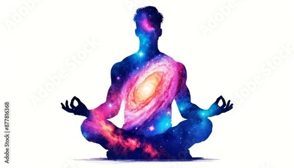 Fototapeta A man is sitting in the middle of a galaxy. He is meditating and his hands are folded