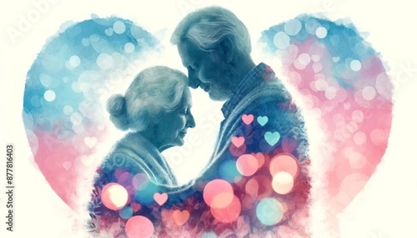 Fototapeta A couple of older people are hugging each other in a heart. Concept of love and affection between the two people