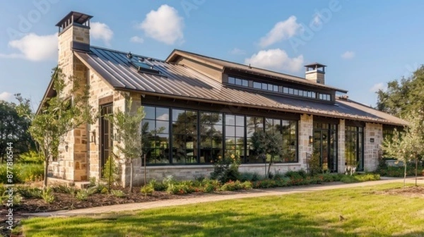 Fototapeta ranch home with a mix of rustic and contemporary styles, featuring a metal roof and large, industrial-style windows