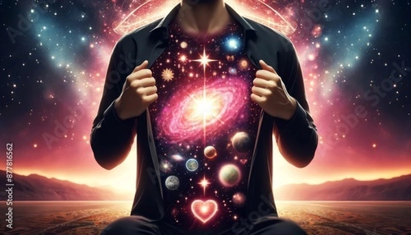 Fototapeta A man is wearing a shirt with a galaxy on it. He is opening his shirt to reveal a heart and a star. The image has a dreamy, surreal quality to it, as if the man is opening a portal to another world