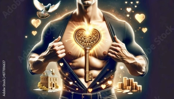 Fototapeta A man is wearing a shirt with a key on his chest. The key is surrounded by gold and is glowing. The image has a mysterious and intriguing mood
