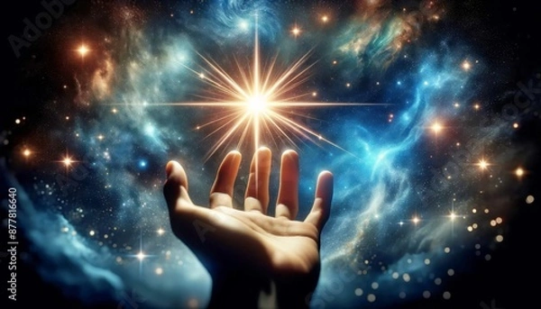 Fototapeta A hand is reaching out to the stars, with a bright star shining in the sky. Concept of wonder and awe at the vastness of the universe and the beauty of the stars