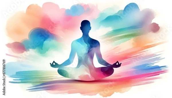 Fototapeta A man is sitting in a lotus position in a colorful background. The background is filled with different colors and shapes, creating a sense of peace and tranquility, watercolor style