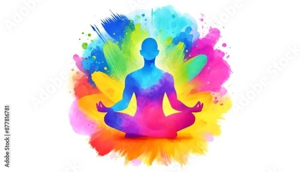 Fototapeta A man is sitting in a lotus position in a colorful background. The background is filled with splashes of color, giving the impression of a vibrant and energetic atmosphere, watercolor style