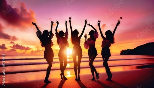 Fototapeta Silhouette A group of women are standing on a beach, celebrating and having fun. They are all holding drinks and are surrounded by a beautiful sunset
